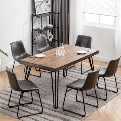 NicBex Dining Room Table Set for 6 Industrial Dining Table Set with Wooden Tabletop, 6 Faux Leather Chairs for Kitchen