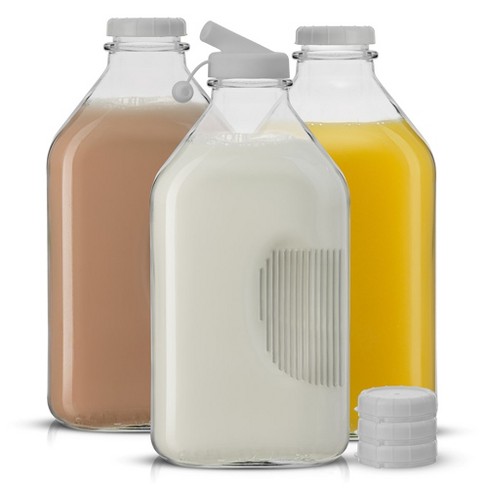 The Dairy Shoppe Heavy Glass Milk Bottles - Jugs with Lids and Silicone  Pour Spouts - Clear Milk Containers for Fridge - Reusable Glass Milk Jug