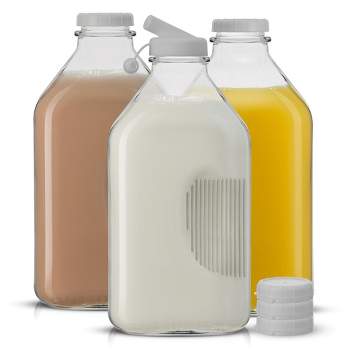 JoyJolt Reusable Glass Milk Bottle with Lid & Pourer - 64 oz Water or Juice Bottles with Caps - Set of 3