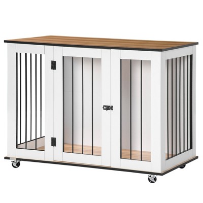 Large White Rolling Dog Crate Table with Lockable Door