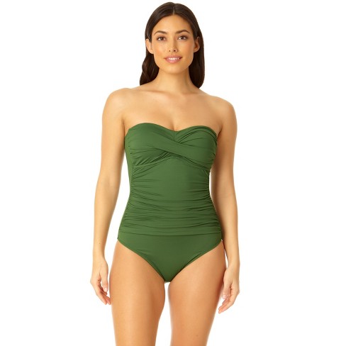 Anne Cole - Twist Front Shirred One Piece Swimsuit, Moss Green 16