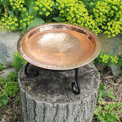 13" Hammered Copper Birdbath with Wrought Iron Stand