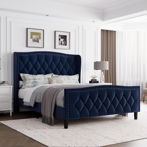 Luxury Upholstered Platform Bed Frame with Adjustable Headboard - Velvet Fabric & Wood Slat Support - 1 of 4