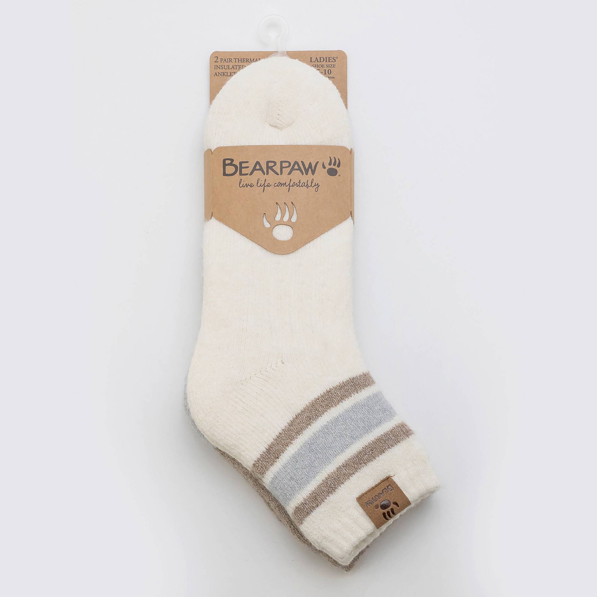 Bearpaw Women's Brushed Terry Anklet Socks Multi Striped 2pk - Egret/ Oatmeal