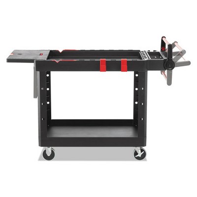 Heavy Duty Black Plastic Utility Cart with Adjustable Handle and Flip-Up Shelf