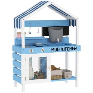 Qaba Mud Kitchen for Kids, Wooden Outdoor Play Kitchen with Sink, Faucet, Water Tank, Storage Shelves, Accessories for Boys and Girls, Blue - 1 of 4