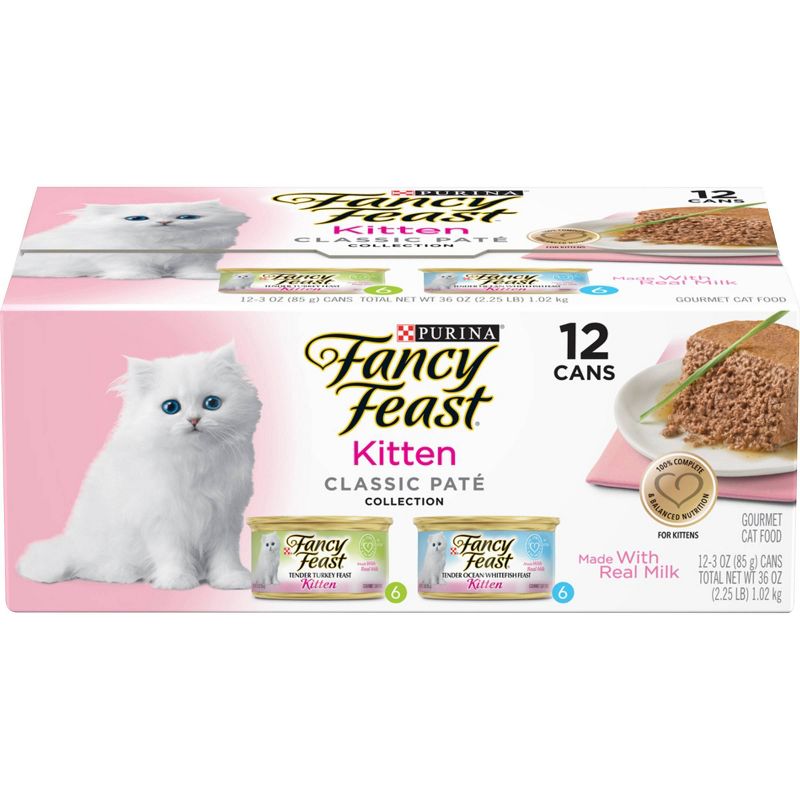 Purina Fancy Feast Kitten Classic Pat&#233; Variety Pack Turkey &#38; Fish Flavor Wet Cat Food Cans for Kittens - 3oz/12ct, 1 of 10