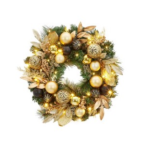 Pre-Lit Christmas Wreath 22 Inches Waterproof LED Wreath with Pinecones, Red Berries & Festive Ornaments for Front Door, Porch, Fireplace Decor - 1 of 4