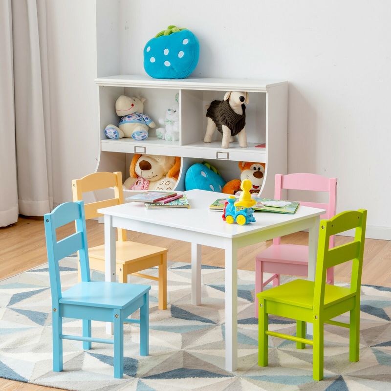 Costway 5 Piece Kids Wood Table Chair Set Activity Toddler Playroom Furniture Colorful, 3 of 13