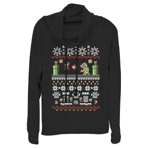 Juniors Womens Nintendo Ugly Christmas Mario and Bowser Cowl Neck Sweatshirt - 1 of 3