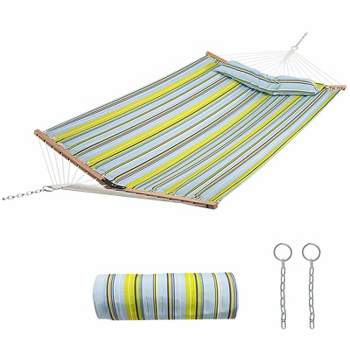 Tangkula Portable Hammock W/ Spreader Bars & Detachable Pillow Quick Dry & Water Proof Material Hand Woven Cotton Rope Blue + Green/Light Blue + Yellow