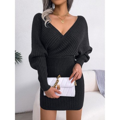 Women's Dress Double Cross V-Neck Ribbed Knit Dress - Puff Sleeve Bodycon Sweater Dress with Open Back for Evening & Casual