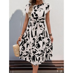 Coolmee Women's Caual Midi Dress Short Sleeve Crewneck A-line Swing Dress With Belt Dress - 1 of 4