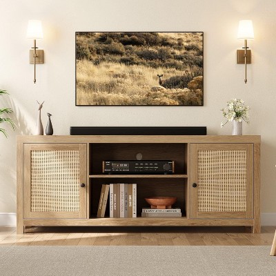 Boho Rattan TV Stand Natural Oak Entertainment Center with Adjustable ...