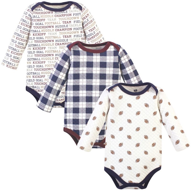 Hudson Baby Infant Boy Quilted Long-Sleeve Cotton Bodysuits 3pk, Football, 1 of 4