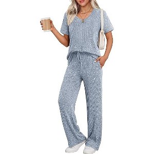 Ekouaer Pyjama Damen Herbst Schlafanzug Kurzarm Lang Hose Rippen Nachtw?sche - 1 of 4