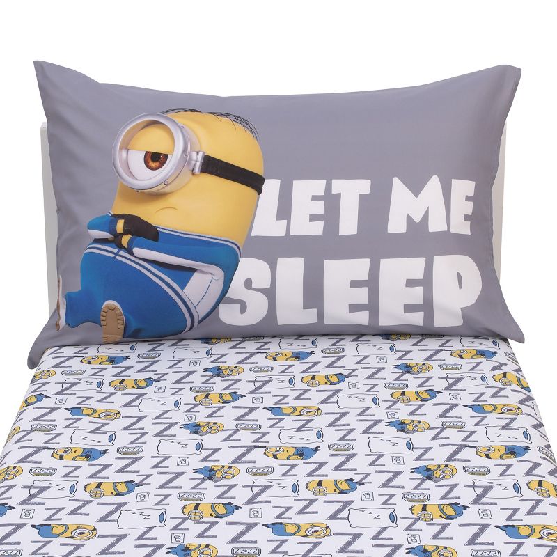 Illumination Lazy Minions Club Gray, Blue, Yellow, and White Let Me Sleep 2 Piece Toddler Sheet Set - Fitted Bottom Sheet, Reversible Pillowcase, 4 of 7