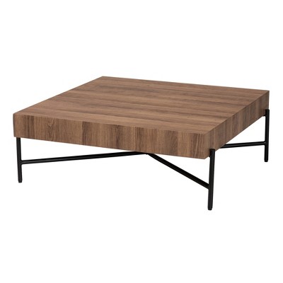Savion Square Walnut Wood and Black Metal Coffee Table
