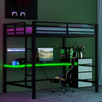 Full Size Metal Loft Bed with Desk, Gaming Loft Bed Frame with Ladder & LED Light, Black - ModernLuxe
