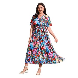 Plus Size Women's V Neck Maxi Dress Belted Waist Flowy Ankle Length Casual Elegant Party Dress - 1 of 2