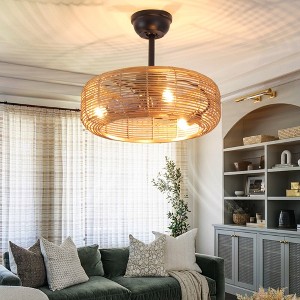 20" Rustic Farmhouse Ceiling Fan with Handwoven Rattan Shade, 3-Light Fixture, 6-Speed Remote for Bedroom, Dining, Cottage, or Loft - 1 of 4