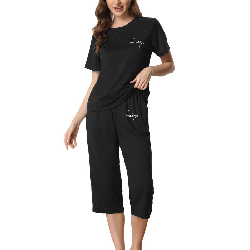cheibear Women's Round Neck Sleepwear with Capri Pants Pajama Set, 1 of 6