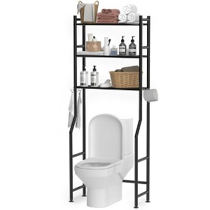 Aoibox 3-Tier Over Toilet Space Saver Metal Freestanding Bathroom Storage Shelf 4 Hooks Black 26x11.8x64 Inch - 1 of 4
