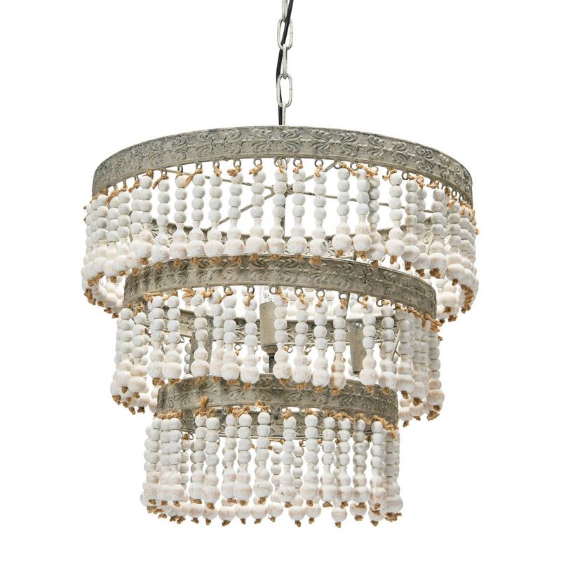 3-Tier Round Metal Chandelier with 3 Lights and Hanging Wood Beads Cream - Storied Home, 6 of 21