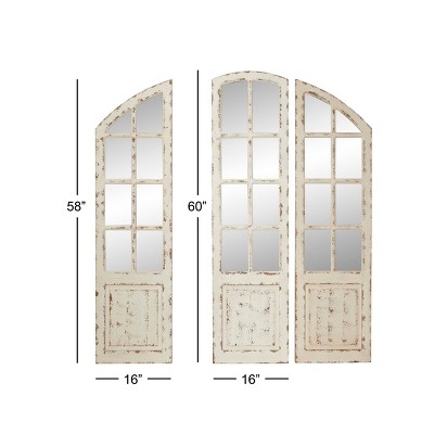 White Distressed Wood Windowpane Arched Decorative Mirror Set