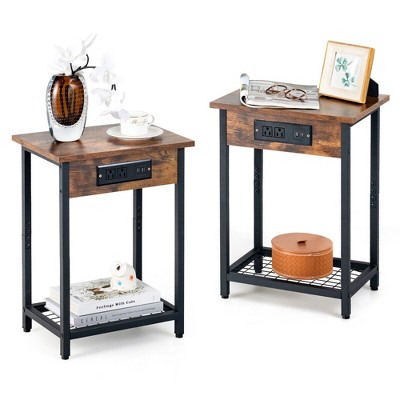 Tangkula 2PCS Bedside Sofa Tables Nightstand w/ Charging Station for Bedroom Living Room