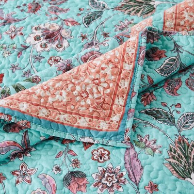 Turquoise and Coral Floral Quilted Reversible Throw Blanket