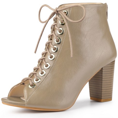 Perphy Women's Peep Toe Lace Up Chunky Heel Ankle Boots Nude 8 : Target