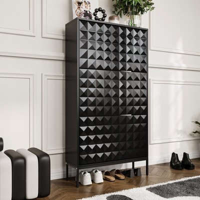 FUFU&GAGA Contemporary Black Shoe Cabinet with Geometric Pattern and Flip - out Shelves