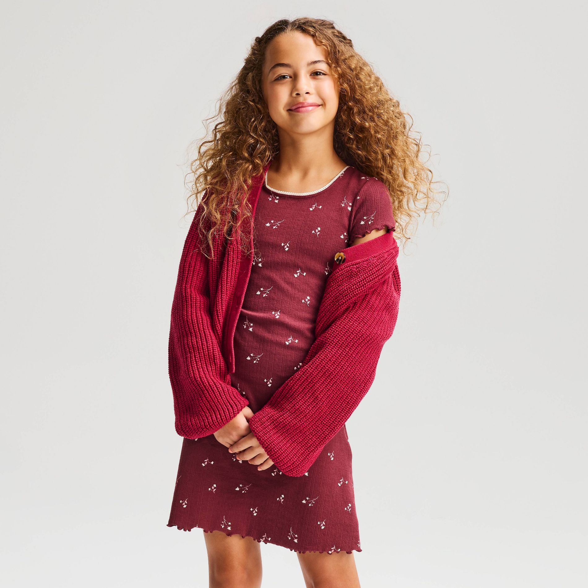 Girls' Short Sleeve Ribbed Floral Dress - Cat & Jack™ Dark Red S