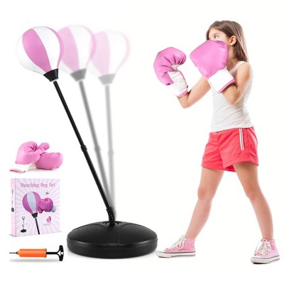 Costway Kids Punching Bag Toy Set Adjustable Stand Boxing Glove Speed Ball with Pump Red/Pink