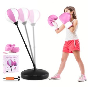 Costway Kids Punching Bag Toy Set Adjustable Stand Boxing Glove Speed Ball with Pump Red/Pink - 1 of 4