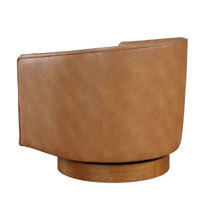 Saddle Brown Faux Leather Wood Swivel Barrel Chair