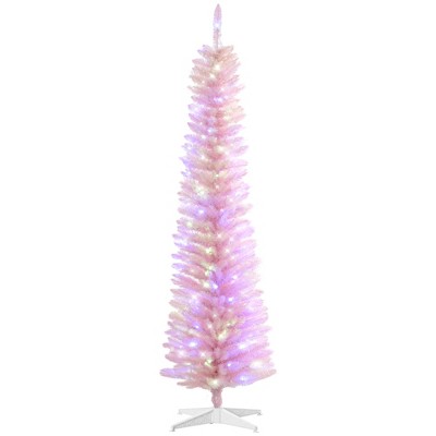 HOMCOM 7ft Tall Pencil Prelit Artificial Christmas Tree Holiday Décor with 500 Colorful Surface Branches, 250 Colorful LED Lights, Pink