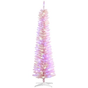HOMCOM 7ft Tall Pencil Prelit Artificial Christmas Tree Holiday Décor with 500 Colorful Surface Branches, 250 Colorful LED Lights, Pink - 1 of 4