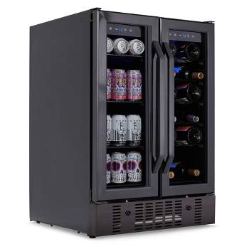 Newair 24" Wine and Beverage Refrigerator and Cooler, 18 Bottle and 60 Can Capacity, Built-in Dual Zone Fridge in Black Stainless Steel