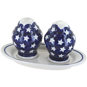 Blue Rose Polish Pottery 1282 Zaklady Salt & Pepper Shakers with Plate - 1 of 1