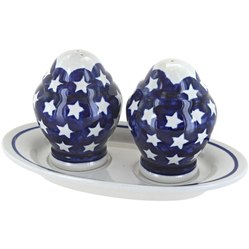 Blue Rose Polish Pottery 1282 Zaklady Salt & Pepper Shakers with Plate, 1 of 2