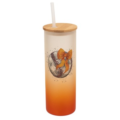 Elanze Designs 25 Ounce Frosted Glass Gradient Travel Tumbler With Straw and Wooden Lid, Baseball With Orange Bow Orange