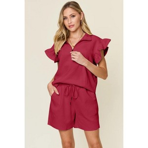 I am a Fashion junky Double Take Full Size Texture Flounce Sleeve Top and Drawstring Shorts Set - 1 of 4