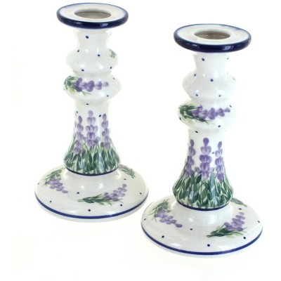 Blue Rose Polish Pottery Lavender Fields Tall Candlestick Pair