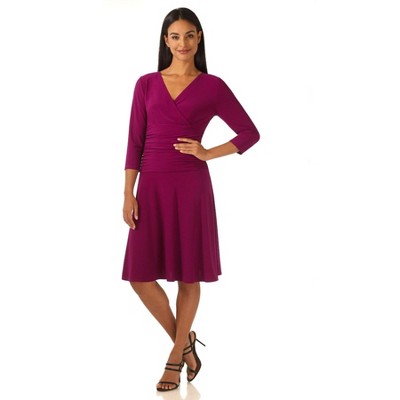 Rekucci Women's Slimming 3/4 Sleeve Fit and Flare Crossover Tummy Control Dress - Magenta , 18