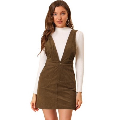 INSPIRE CHIC Women's V-Neck Corduroy Strap Back Overall Mini Pinafore Dress