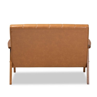 Nikko Mid-Century Modern Tan Faux Leather Loveseat with Walnut Wood