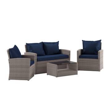 Merrick Lane 4 Piece Patio Set Contemporary Loveseat, 2 Chair and Coffee Table Set with Back Pillows and Seat Cushions
