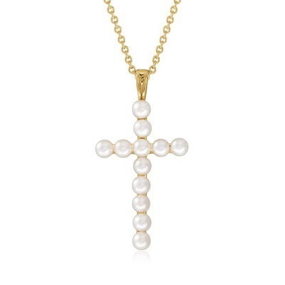 Ross-Simons 3.5-4mm Cultured Pearl Cross Pendant Necklace in 18kt Gold Over Sterling Size 18